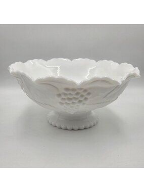 Smith Glass Grapes & Leaves Milk Glass Footed Bowl Crimped Edge Vintage USA